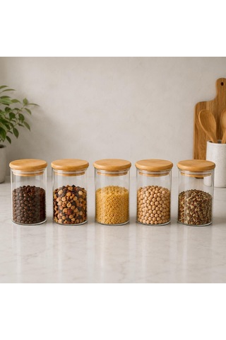 5'li 300 Ml Bambu Kapaklı Cam Kavanoz Seti, Silikon Contalı Şeffaf Baharatlık Ve Saklama Kabı, Çay Kahve Şeker Baharat Kuruyemiş Kavanozu Çok Renkli