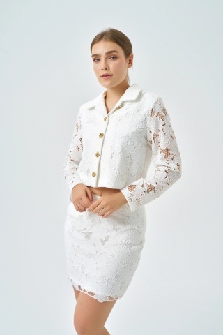 Modatalika Kadın Ceket Etek Dantel Özel Tasarım İkili Takım Ekru