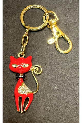 Cats & Meow Kırmızı Mine Kedi Figürlü Anahtarlık Kristal Taşlı Altın Renk Çanta Aksesuarı Altın - Kırmızı
