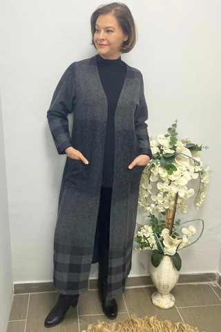 Mia Butik Büyük Beden Siyah Desenli Uzun Hırka Siyah