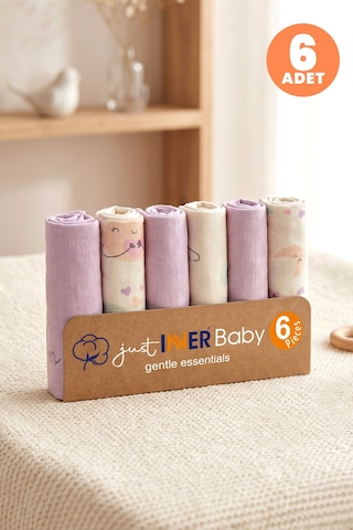 Just Inner Kız Bebek 6'lı Pamuklu Ağız Mendili Ayışığı Desenli Kutulu Set Nefes Alan Doku 684202 Lila
