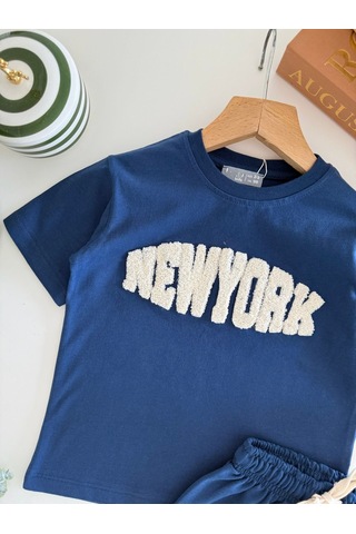 Magu Erkek Çocuk Pamuklu Mavi New York Yazı Aplikeli T-shirt Şort Takım