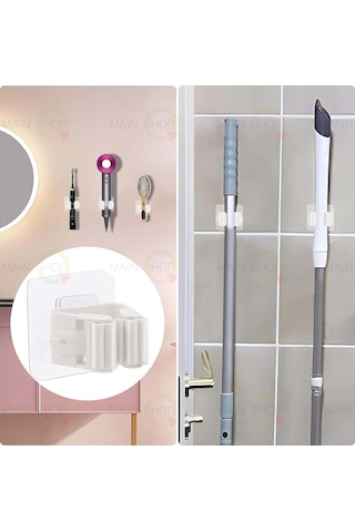 Mainshop Yapışkanlı Pratik Mop Temizlik Fırçası Tutucu Asma Askı Aparatı Paspas Sapı Tutucu 6 Adet M-310 Beyaz