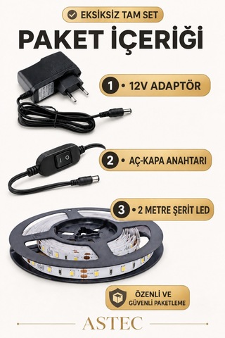 Astec Mutfak Dolabı Tezgah Üstü İçin 2 Metre Gün Işığı 12v Adaptörlü Aç Kapa Anahtarlı Şerit Led Işık Günişiği
