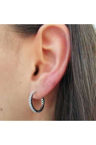 Halka Gümüş Küpe Zirkon Taşlı Rodyum Orta