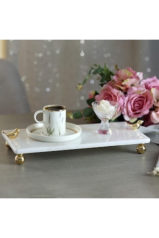 Akayev Mermer Beyaz 30X15 CM Altın Ayak Kuş Sunum Tabağı