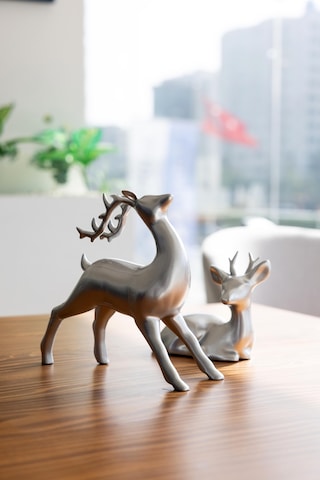 Dekoratif Gümüş Renk 2'li Geyik Biblo Seti