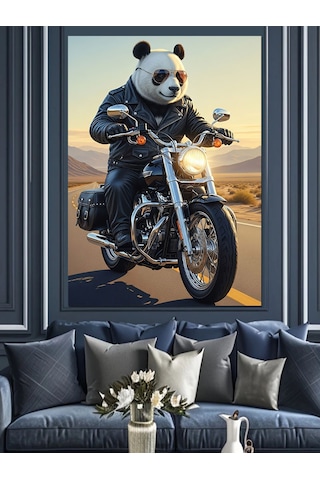 Motosiklet Süren Panda Ayısı Dekoratif Kanvas - Mdf Ahşap Tablo