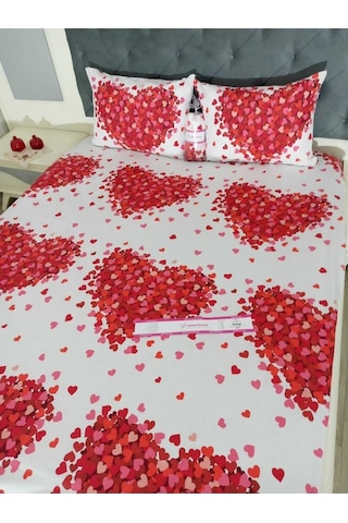Çift Kişilik Lastikli Çarşaf Takımı - Kırmızı Kalpli Kırmızı