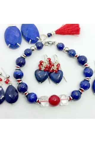 2752 Lapislazuli Mercan Kristal Kuvars Hematit Düğümlü El Yapımı Bileklik Kırmızı - Lacivert