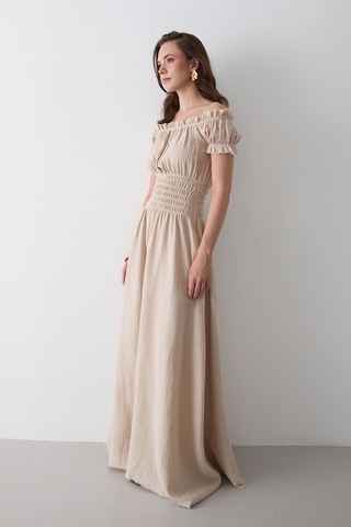 Natural Büzgülü Elbise - 2002 Bej