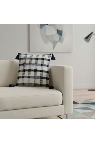 4 Lü Püsküllü Kırlent Kılıf Seti 45 45 Cm Modern & Şık Ev Dekoru Lacivert Beyaz
