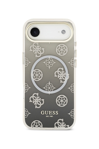 Apple Uyumlu iPhone 17 Air Kılıf Guess Lisanslı M-safe Özellikli Simli Peony Desenli Silikon Kapak Siyah Siyah
