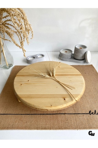 Yuvarlak Doğal Ahşap Sunum Tabağı Ayaklı Düz Ahşap Sunumluk Beyaz Çam Çap:28cm Yük:6,5cm Ş