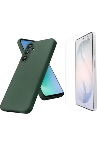 Samsung Galaxy S26 İle Uyumlu Kılıf Esnek Premium Telefon Kılıfı Ve Temperli Cam Ekran Koruyucu Koyu Yeşil