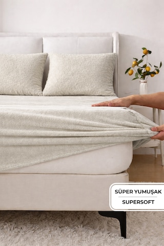Süper Yumuşak Flanel Kadifemsi Peluş Lastikli Fitted Çarşaf Seti Kaymaz Tek/çift Kişilik Bej