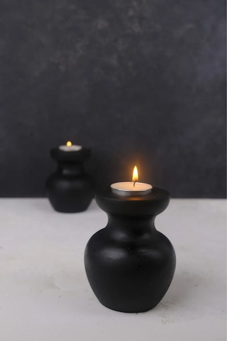 2 Li Siyah Büyük Nar Model Tealight Ahşap Şamdan Seti Dekoratif
