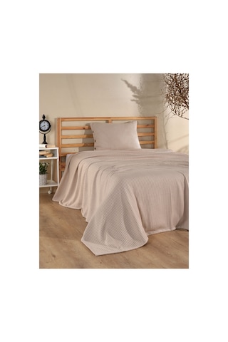 Tek Kişilik Örgü Desen Pike Yatak Örtüsü Seti 160x230 Cm Pike 50x70 Cm Yastık Bej