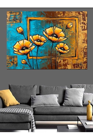 Sarı Çiçekler Çerçeve Sanat Dekoratif Kanvas - Mdf Ahşap Tablo