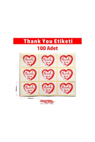 Kırmızı Kalp Teşekkür Etiketi - Thank You Sticker 30x40mm 100 Ad.