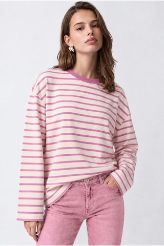 Mixray 2236 Çizgili Bisiklet Yaka Uzun Kol Oversize Sweatshirt Pembe
