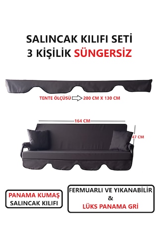 Süngersiz Tenteli Salıncak Kumaş Seti 3kişilik 164x47 Cm Süngersiz Lüx Panama Gri Gri
