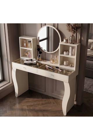Lotus Camlı Aynalı Makyaj Masası - Krem