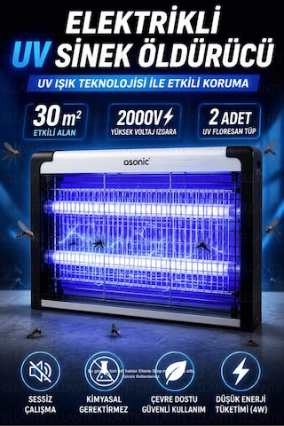 Asonıc Elektrikli Uv Sinek Öldürücü Cihaz 2000v Yüksek Voltajlı 4w 2 Uv Floresan Tüplü Sessiz Çalışm