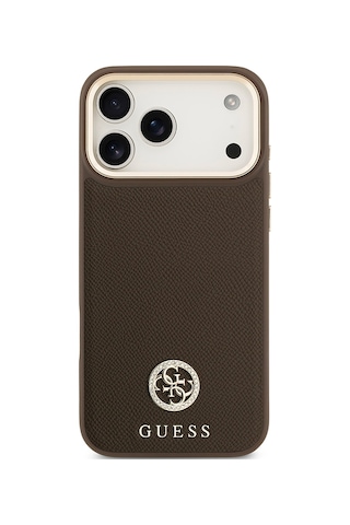 Apple Uyumlu iPhone 17 Pro Max Kılıf Guess Lisanslı M-safeli Grained Yazı Ve Taşlı 4g Logolu Kahverengi Kahverengi