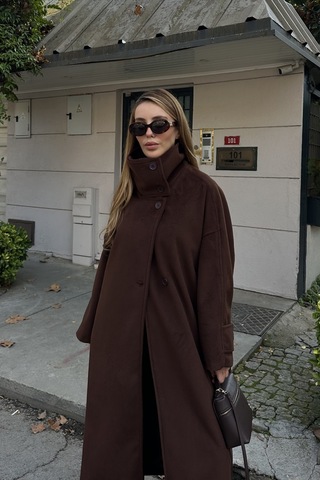Kahverengi Vittoria Düğmeli Yaka Kaban - 2511 Kahverengi