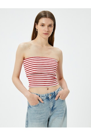 Koton Straplez Üst Kat Detaylı Ribanalı Slim Fit Kırmızı Çizgili 4sak10698ek Kırmızı Çizgili