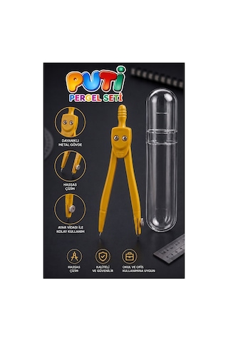 Sarı Metal Pergel 1 Adet Puti 1574 Koruma Kutulu Metal Pergel Grafit Uçlu Mekanik Pergel Matematik Teknik Mimari Çizim