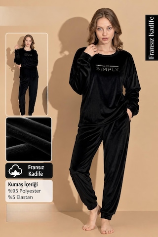 Boyraz Kadın Kışlık Fransız Kadife Bisiklet Yaka Uzun Kol Pijama Takımı 03412- 1 Adet Siyah