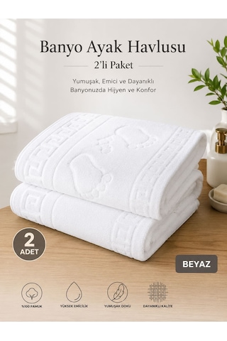 2 Li Ayak İzli Banyo Paspas 100 Pamuklu Ayak Havlusu 50x70 Cm Beyaz