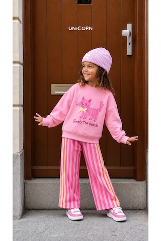 Moda Kız Çocuk 2'li Eşofman Takımı Pembe Sweatshirt Çizgili Pantolon Günlük Spor Takım