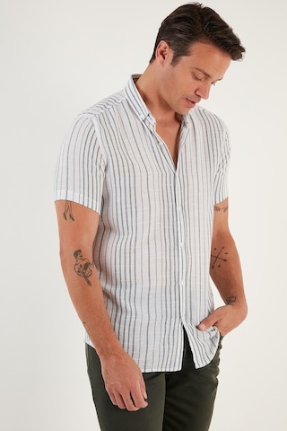 Buratti Çizgili Pamuklu Slim Fit Kısa Kollu Erkek Gömlek Cf23S116097 Beyaz-Yeşil