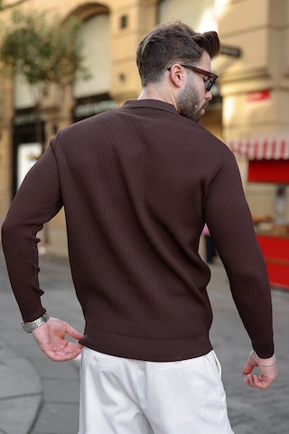 Madmext Kahverengi Polo Yaka Yarım Fermuarlı Dokulu Erkek Triko Kazak E7510