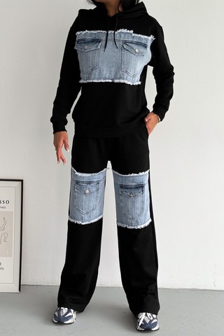 Femelle Denim Kot Garnili Cep Detaylı Kapüşonlu Alt-üst Takım siyah