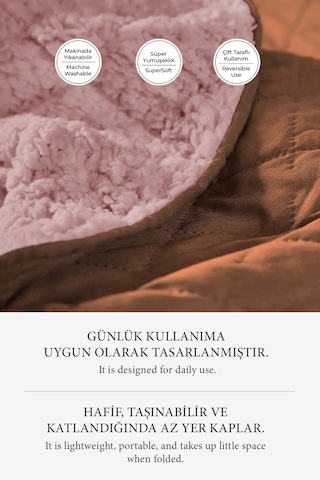 Premium Peluş Çift Kişilik Çok Amaçlı Yatak Örtüsü 200x220 Çift Taraflı Battaniye Pike Pudra / Somon