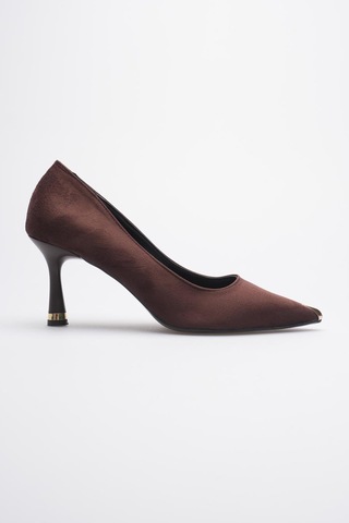 Esatsani Kahverengi Süet Sivri Burun 8 Cm Topuklu Gold Burunluk Detaylı More Stiletto Kadın Ayakkabı Kahverengi Süet