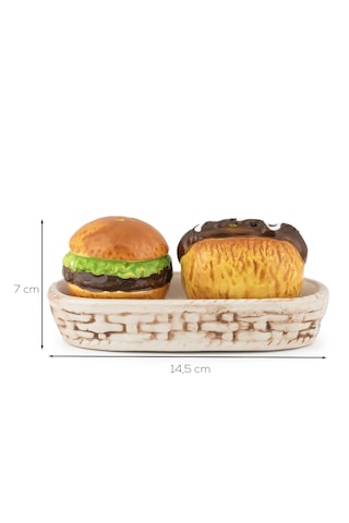Porsima Mıo-038 Hamburger Motifli 2 Li Standlı Porselen Tuzluk Biberlik Seti Çok Renkli