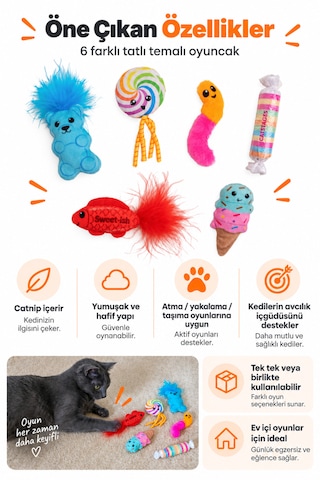 Petstages Kitty Sweet Treats Şekerleme Şeklinde Catnip'li Kedi Çiğneme Oyuncağı 6'lı Paket