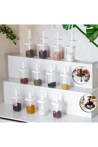 Porsima 1098 Kaydırmalı Kaşıklı Baharatlık Seti 12'li  Şeffaf - Beyaz