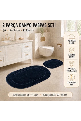 Rixos 2'li Banyo Halısı Paspası Seti Kaymaz Tabanlı Klozet Takımı Lacivert