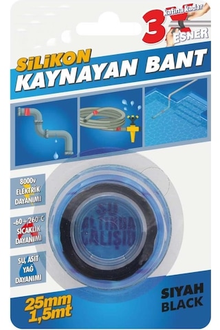 Silikon Kaynayan Çok Amaçlı Bant Boru Patlak Bandı 3katına Kadar Esner Su Altında Uygulanabilir 25x1,5mt-siyah