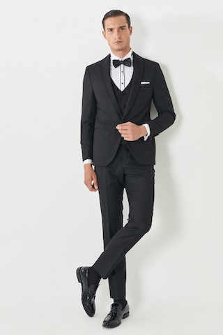 Ac&Co / Altınyıldız Classics Erkek Siyah Ekstra Slim Fit Dar Kesim Kırlangıç Yaka Desenli Yelekli Smokin Takım