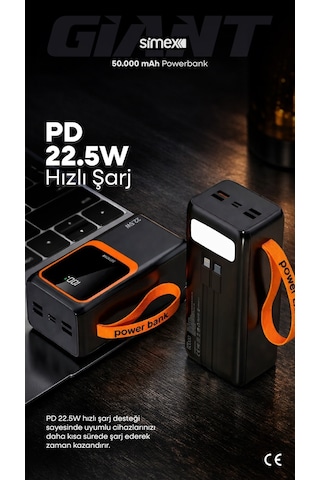 Simex 50.000 mAh 22.5W PD Hızlı Şarj Kablolu Powerbank Dijital Göstergeli Fenerli Taşınabilir Kamp Cihazı