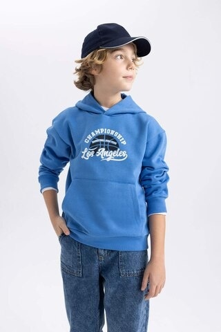 DeFacto Erkek Çocuk Baskılı Kanguru Cepli Kapüşonlu Sweatshirt B7821A8NSBE124 Mavi