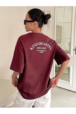 Flood Of Style Kadın Bordo Kind Hearted Baskılı Oversize T-shirt