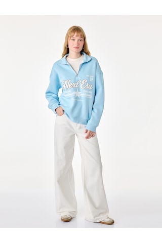 Koton Şardonlu Yarım Fermuarlı Dik Yaka Uzun Kollu Baskılı Sweatshirt Mavi 7wal10202ık